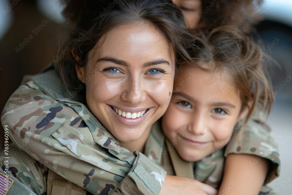 A joyful military mother hugs her young children, sharing moments of happiness. In a touching home scene, a smiling military mother in uniform returns to the arms of her young children, their faces - obrazy, fototapety, plakaty 