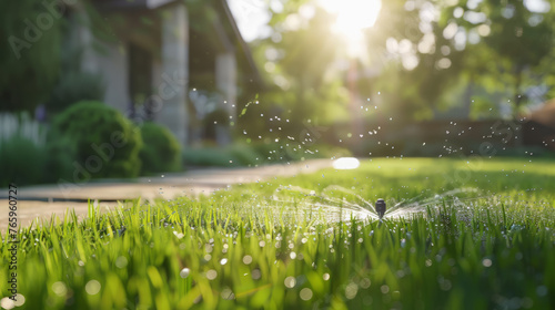 Automatic sprinkler system watering fresh green lawn photo