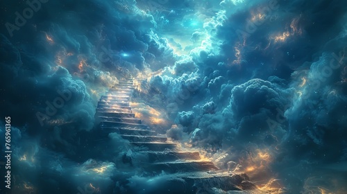 Ethereal stairway amidst glowing celestial clouds. Steps winding through a luminous cloud formation. Concept of mystical ascent, spiritual passage, astral plane, and cosmic journey. © Jafree