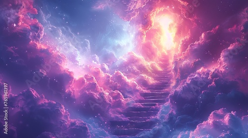 Stairway piercing through illuminated clouds, leading to a glowing portal. Vision of transcendence and ethereal passage. Concept of hope, enlightenment, and divine path. Watercolor photo