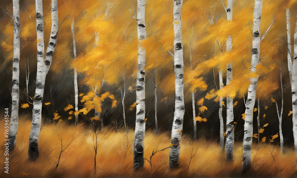 Autumn birch with yellow foliage near the lake. Watercolor art. - obrazy, fototapety, plakaty 