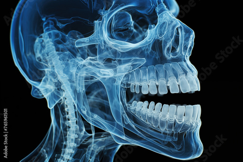 An x-ray panoramic image a 3D scan model of patient jaw teeth are available in dentist office AI Generative