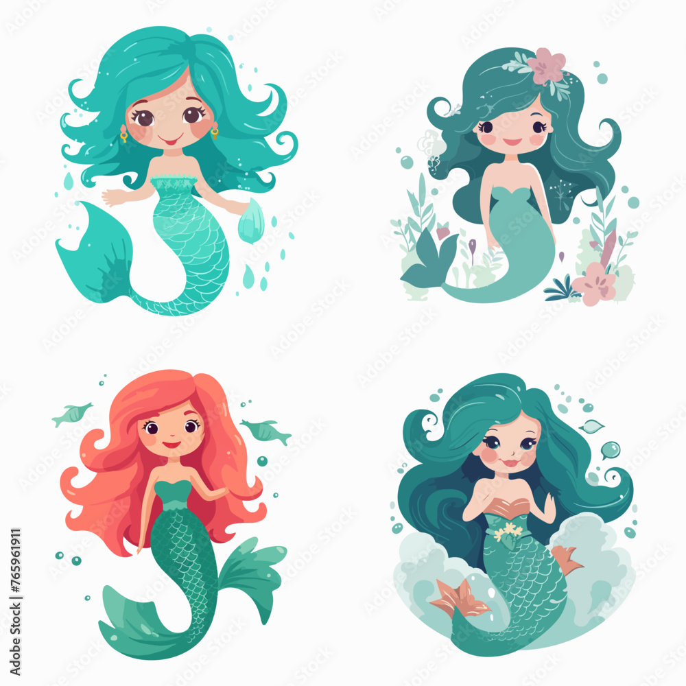 set element mermaid fairy illustration different poses