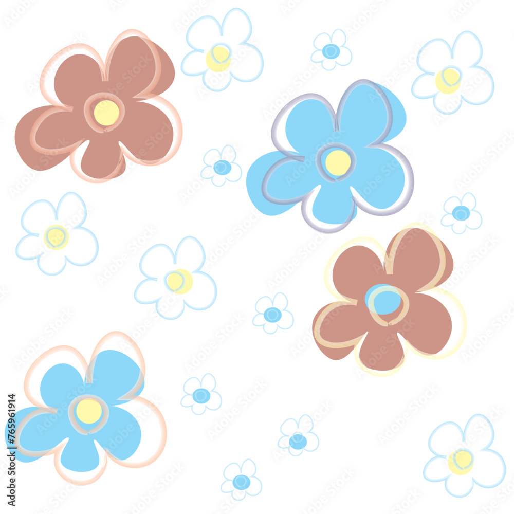 background with colorful flowers in pastel colors. Color fill shifted outside the outlines. Flowers on a white background.