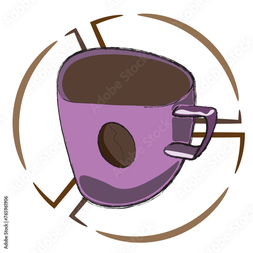 Mug in purple color with coffee. A coffee bean on a mug. Behind the object, a circle divided into a section