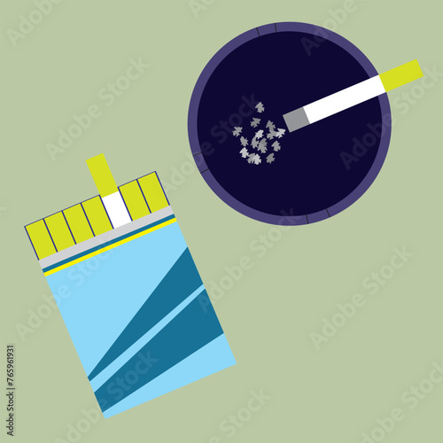 vector illustration with a cigarette in an ashtray and a split pack of cigarettes. Top view illustration. Smoking, bad habit, unhealthy, concept.