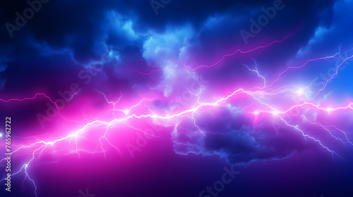 Neon colored lines of lightning passing through the clouds