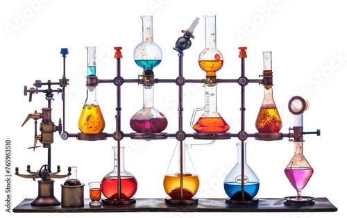 Lab with Beakers and Bunsen Burners Isolated on Transparent Background PNG.