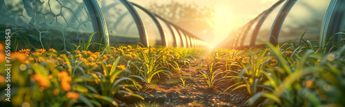 Golden rays cast a warm glow on a path through a futuristic greenhouse with flourishing vegetation - Ideal for content about innovation in sustainable ecosystems