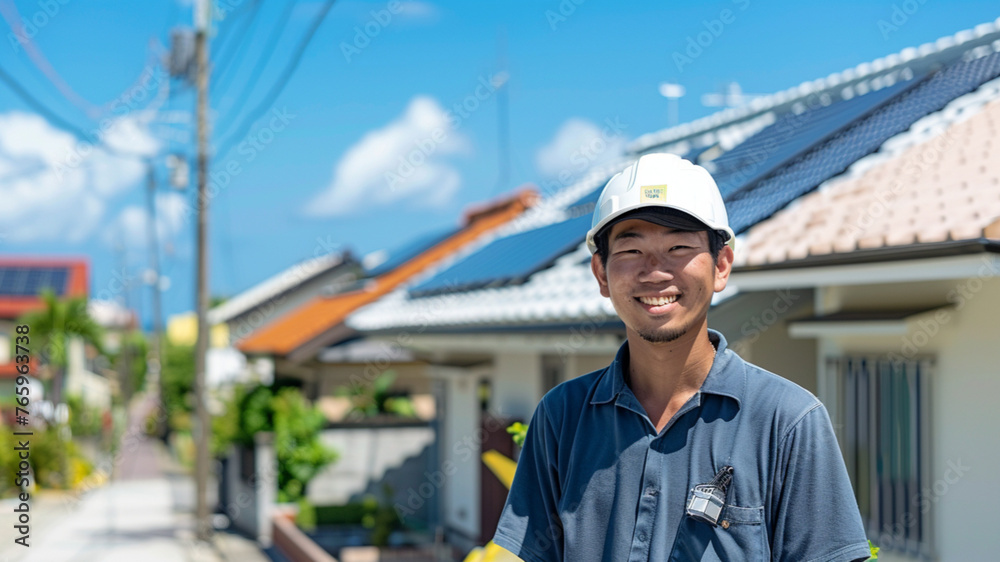An electrician is smiling with satisfaction, and the background is a row of newly built houses. An electrician is smiling with satisfaction, and the background is a row of newly built houses.