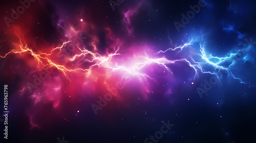 Neon colored lines of lightning passing through the clouds