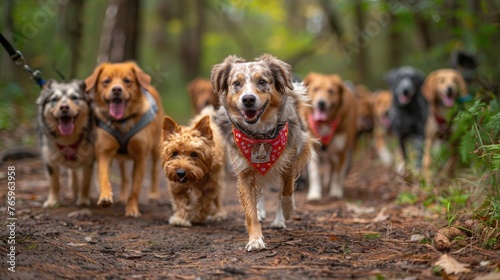 A group of dogs on a guided nature hike, wearing Canine Fitness Month bandanas, exploring forest trails as a way to encourage natural exercise and adventure