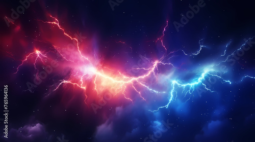 Neon colored lines of lightning passing through the clouds