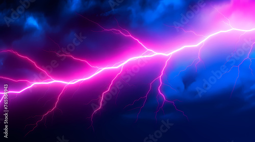 Neon colored lines of lightning passing through the clouds