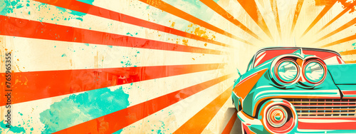 Retro car with sunburst background