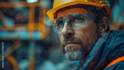 construction worker on construction site wearing goggles and helmet