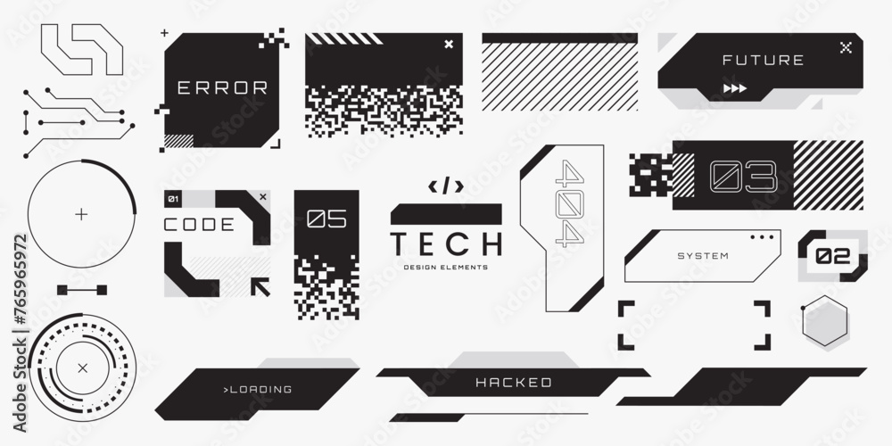 Naklejka premium Abstract tech elements collection. Futuristic HUD design elements. Hi-tech cyberpunk frames and borders. Modern sci-fi banners. Black and white colors. Vector illustration