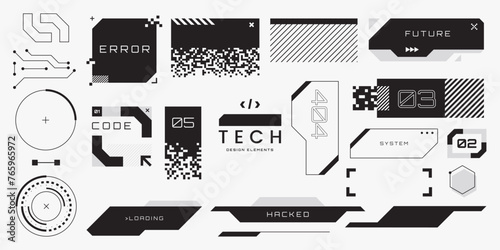 Abstract tech elements collection. Futuristic HUD design elements. Hi-tech cyberpunk frames and borders. Modern sci-fi banners. Black and white colors. Vector illustration