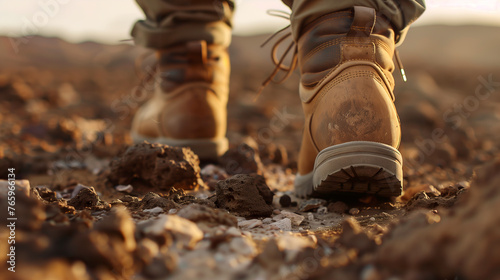 A close-up of a hiker's boots on rough desert terrain. Focus on the steps of a person in boots with detail on the floor of the Gobi desert.
