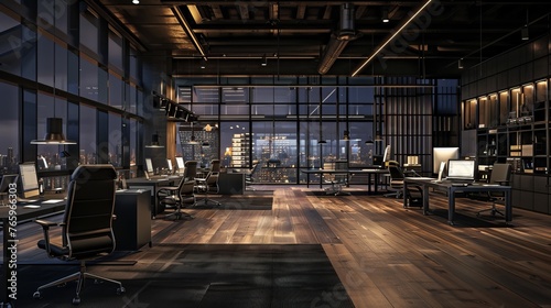 A dark office with panoramic windows and wooden floors. There are computers, desks, armchairs, and a meeting board inside. This image shows a modern workplace or meeting space.