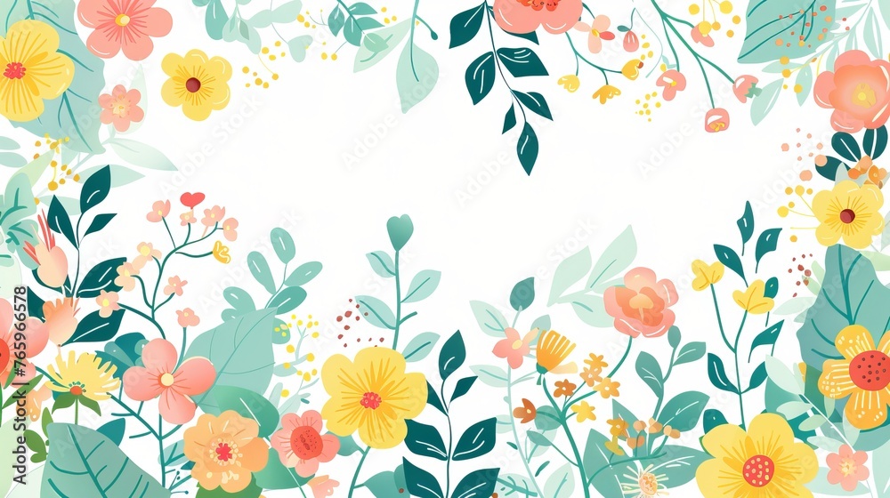 A horizontal banner or floral backdrop adorned with colorful blooming flowers and green leaves. Vector-illustrated in a flat style on a white background for a springtime theme. A horizontal banner or floral backdrop adorned with colorful blooming flowers and green leaves. Vector-illustrated in a flat style on a white background for a springtime theme.