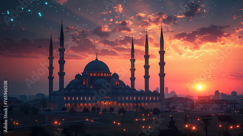 Mosque Silhouette Against a Sunset Sky with Stars