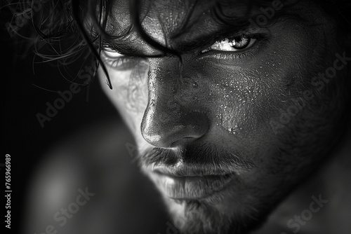 With furrowed brows and a clenched jaw, the man displays an expression of frustration and determination, his silhouette highlighted against a monochrome backdrop.