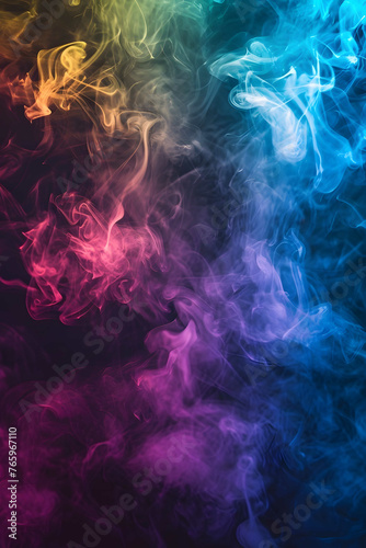 Abstract neon multicolored background of smoke particles colliding with each other in slow motion. Dynamic explosion of colors. Relaxation in the Hookah. Presentation