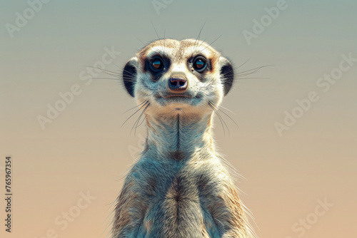 A minimalist illustration of a curious meerkat, standing upright with alert eyes, portrayed in simple shapes against a sandy desert beige background. © Solid