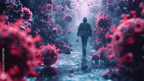 rear view of a full length person walking surrounded by purple-colored large virus molecules. Concept of illness 