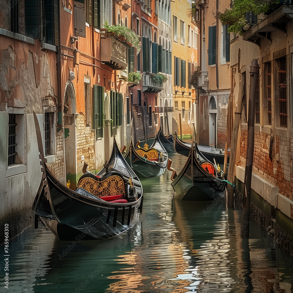 Venetian Canal with Gondolas - Scenic Waterway View in Venice, Italy