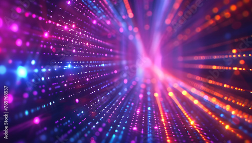 Abstract neon light background with vibrant pink, yellow, and blue neon lines, creating an intense and dynamic atmosphere reminiscent of particle acceleration. High-speed movement and hyperspace.