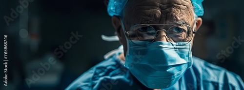 old male surgeon in blue scrubs operating on patient photo