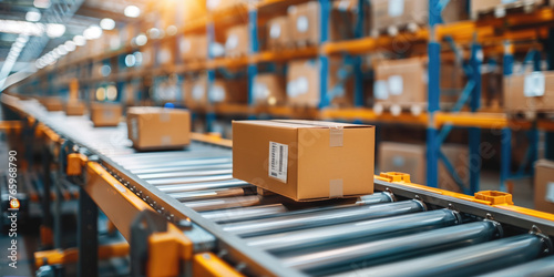 Cardboard boxes travel down the rollers of a conveyor system in a vast warehouse