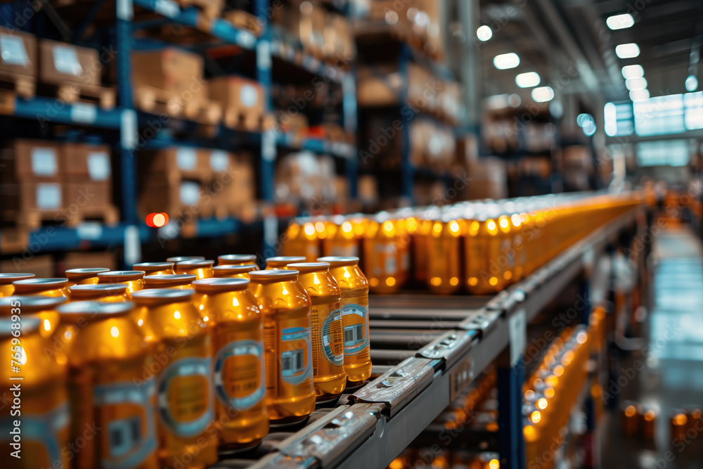 Rows of bottled beverages move along a conveyor belt in an industrial factory