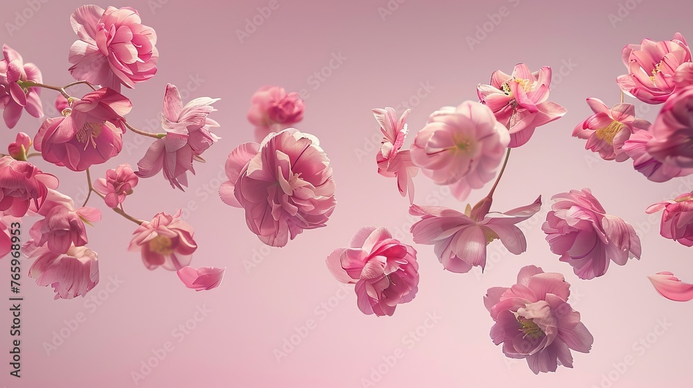 A stunning image of vibrant pink spring flowers floating against a light pink backdrop. The concept of levitation creates a sense of magic and surrealism. High-quality, high-resolution image.