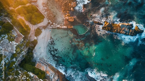 A stunning aerial photo of Maiden's Cove Tidal Pool at sunset, with Camps Bay in the background, Cape Town, South Africa. photo
