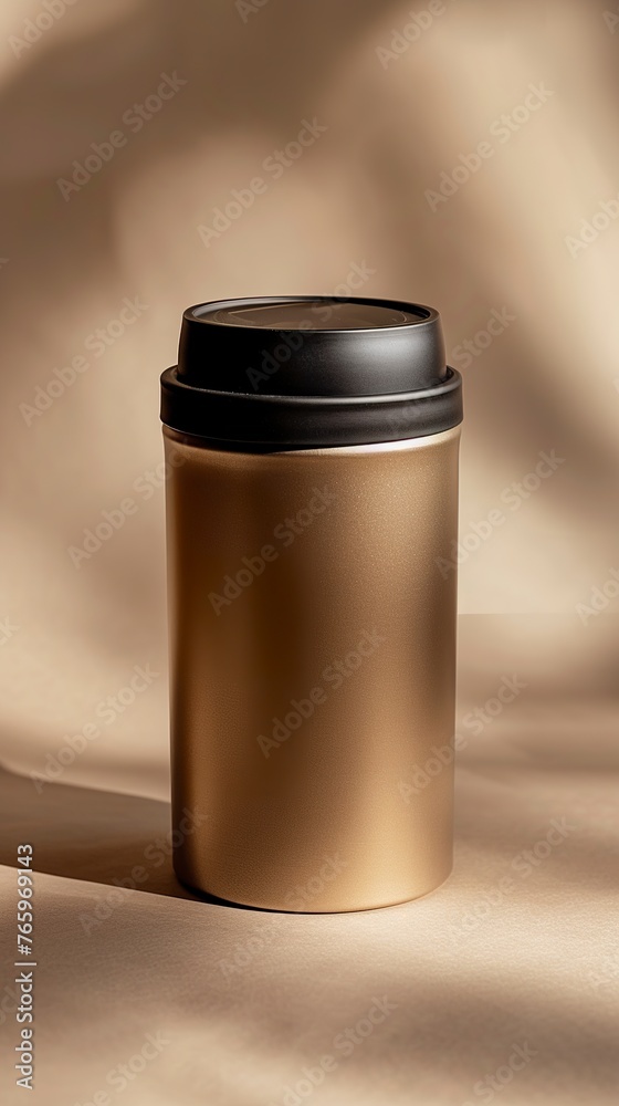 A large metal tin of light gold instant coffee with a black round lid. Can or coffee cup in minimalist style in light gold color with matte black lid. A large metal tin of light gold instant coffee with a black round lid. Can or coffee cup in minimalist style in light gold color with matte black lid.