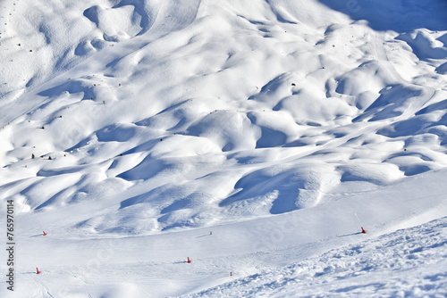 Ski slopes of Courchevel ski resort by winter