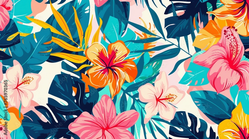 Bright and cheerful tropical flower design.  A modern seamless pattern featuring abstract botanical elements. One-of-a-kind, hand-drawn artwork. - obrazy, fototapety, plakaty 
