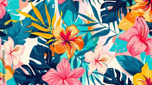 Bright and cheerful tropical flower design.  A modern seamless pattern featuring abstract botanical elements. One-of-a-kind, hand-drawn artwork.