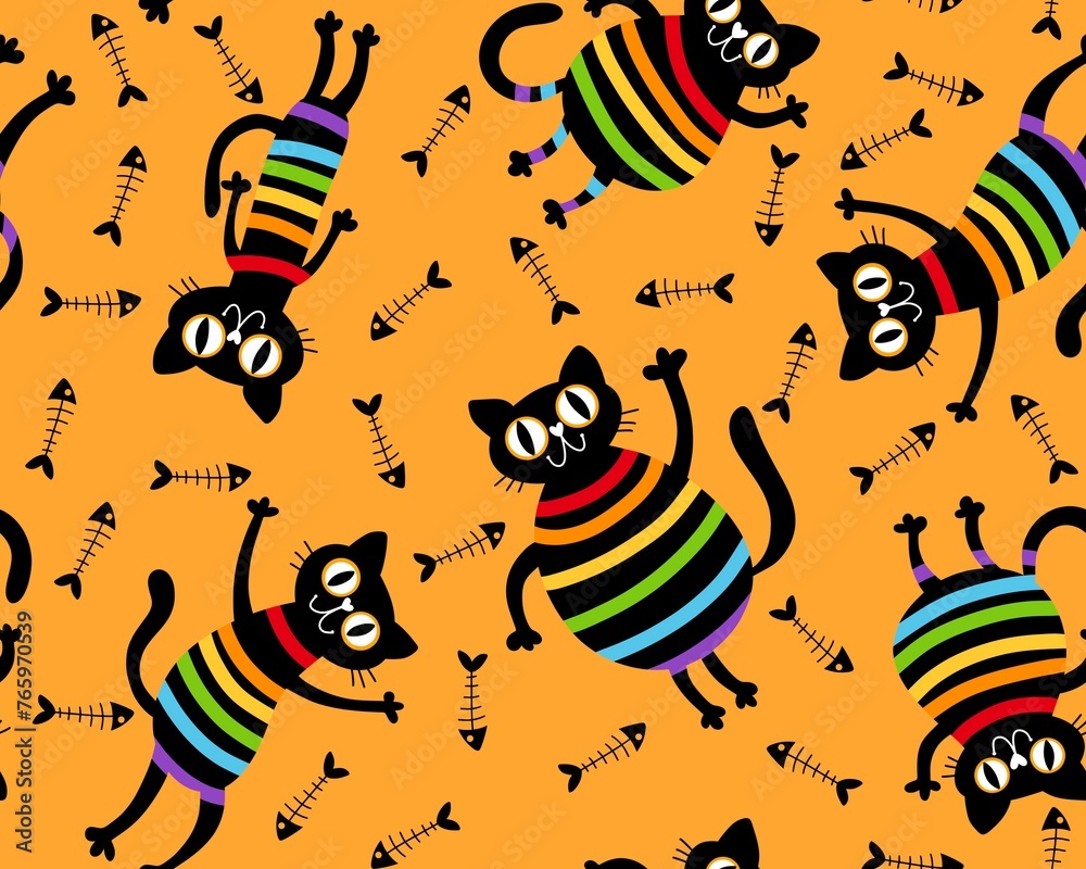 Cartoon black cats seamless rainbow lgbt stripes pattern for wrapping paper and fabrics and linens and clothes and pride Cartoon black cats seamless rainbow lgbt stripes pattern for wrapping paper and fabrics and linens and clothes and pride