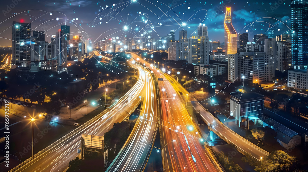 A vibrant, technologically advanced cityscape at night, illuminated buildings and streets interconnected by glowing lines representing data and networks