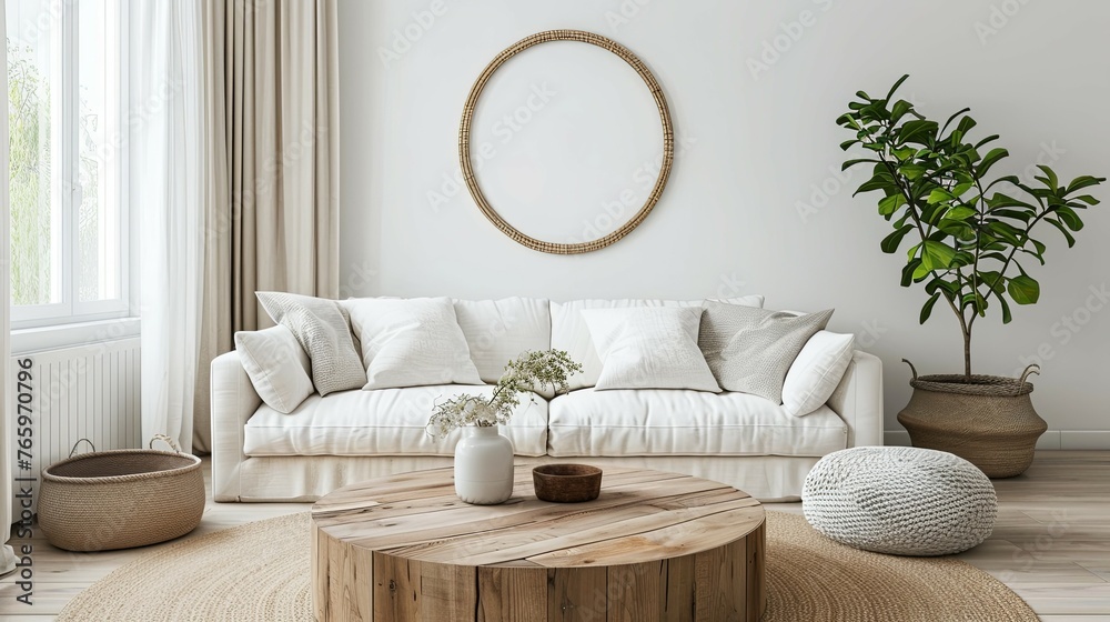 Scandinavian home interior design of modern living room, round wood coffee table against white sofa Scandinavian home interior design of modern living room, round wood coffee table against white sofa