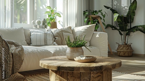 Scandinavian home interior design of modern living room, round wood coffee table against white sofa © Alim