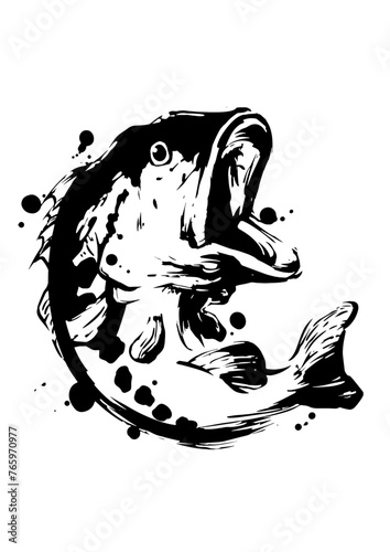 ブラックバスの墨絵