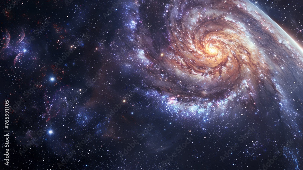 A galactic vortex in the far reaches of space. A galaxy illuminated by beautiful stars. Thousands of stars in the sky.