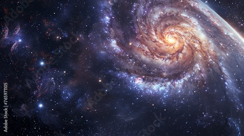 A galactic vortex in the far reaches of space. A galaxy illuminated by beautiful stars. Thousands of stars in the sky.
