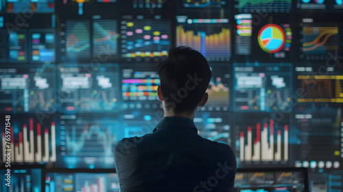 A professional man standing in front of a complex dashboard, engrossed in colorful graphs and data analytics, indicating high-level financial monitoring