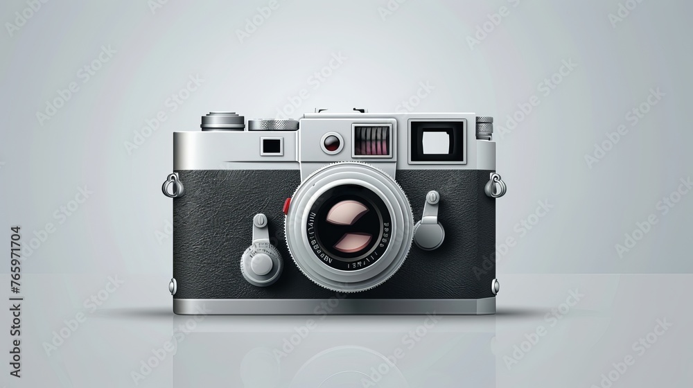 Black and white retro film photo camera set apart against a clear backdrop. 
